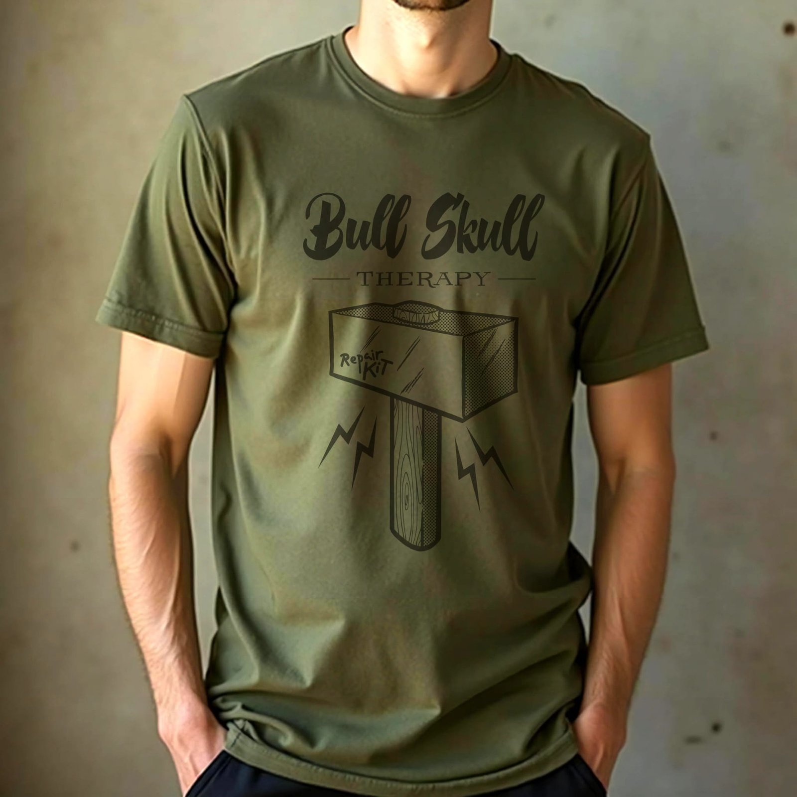 Bull Skull Therapy t-shirt by Bull Skull Guitars, olive green