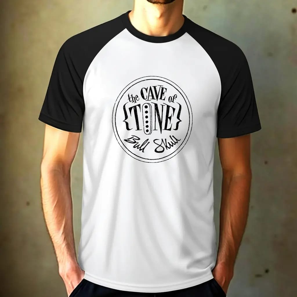 Cave of Tone t-shirt by Bull Skull Guitars, white raglan with black sleeves