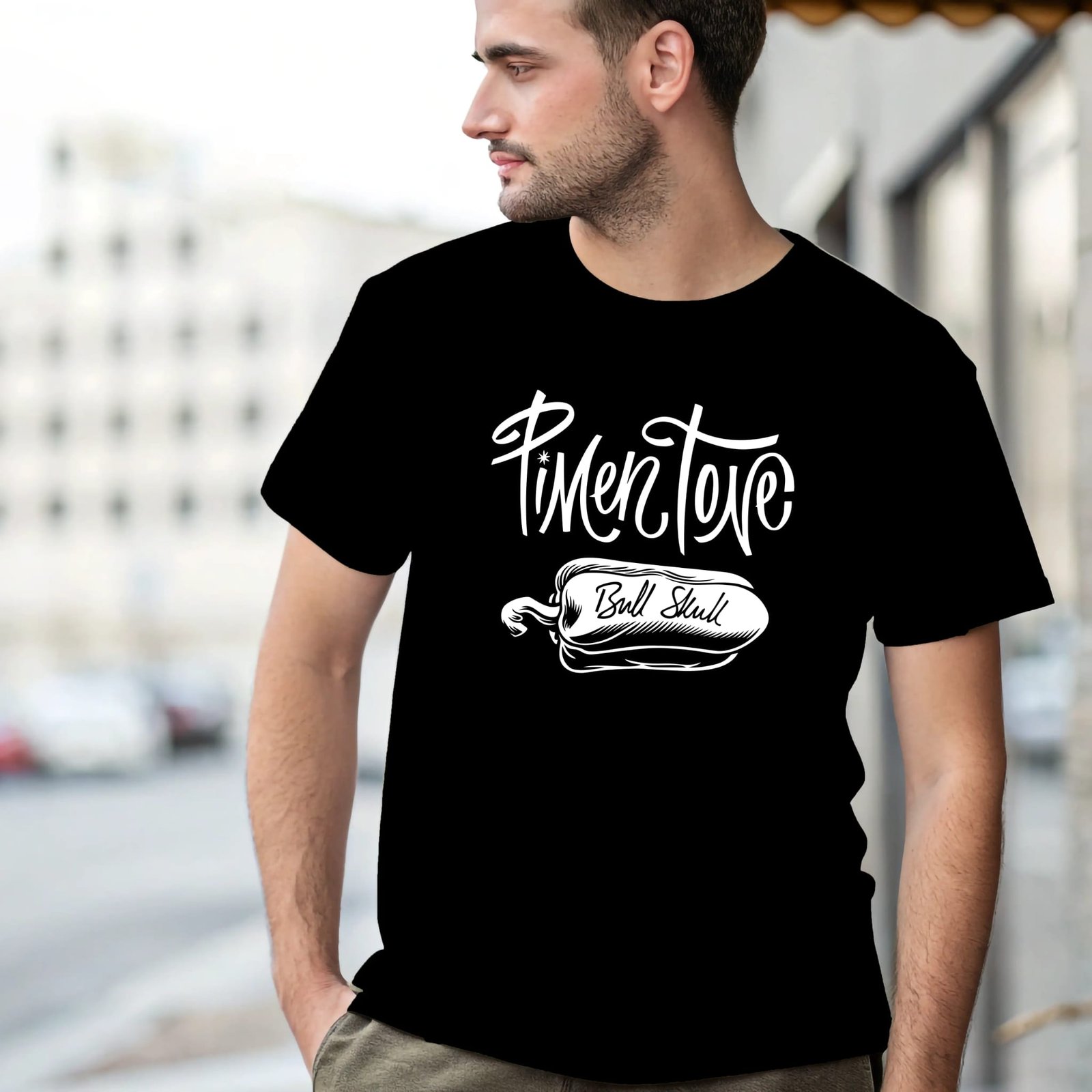 Pimentone t-shirt by Bull Skull Guitars, black with Pimentone print
